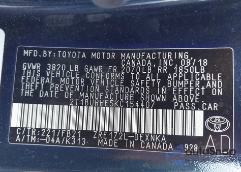 2019 Toyota Corolla Le from USA, damaged, VIN 2T1BURHE5KC154407